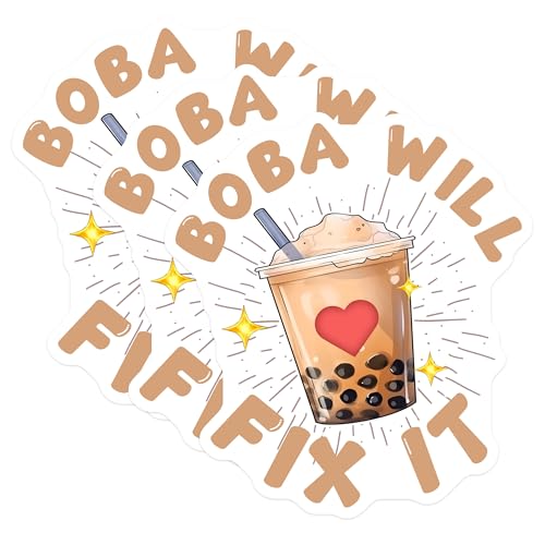 (3 Pack) Boba Will Fix It Decals - Cute Bubble Tea - Laptop Decal - 3 Inches On Longest Side - Easy Peel & Apply - Made in USA - 3MCS6513