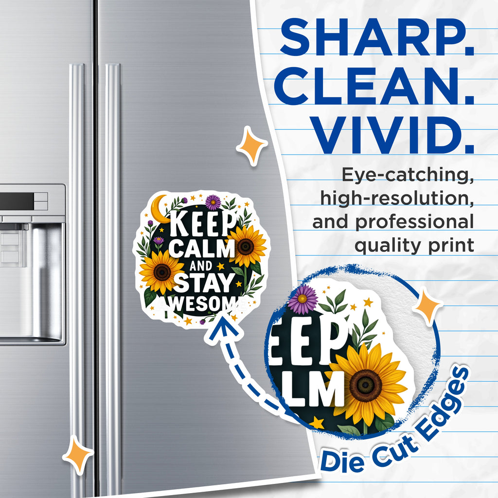 (2 Pack) Keep Calm Stay Awesome Magnets - Inspirational Quote Decor - Sunflower Motivation Reminder - 5 Inches On Longest Side - Thick Durable Magnet - Made in USA - MAG37360