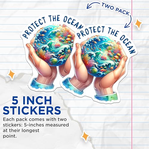 (2 Pack) Protect The Ocean Stickers - Environmental Awareness - Ocean Conservation - 5" On Longest Side - Sticks to Smooth Flat Surfaces - Made in USA - BMCS7948