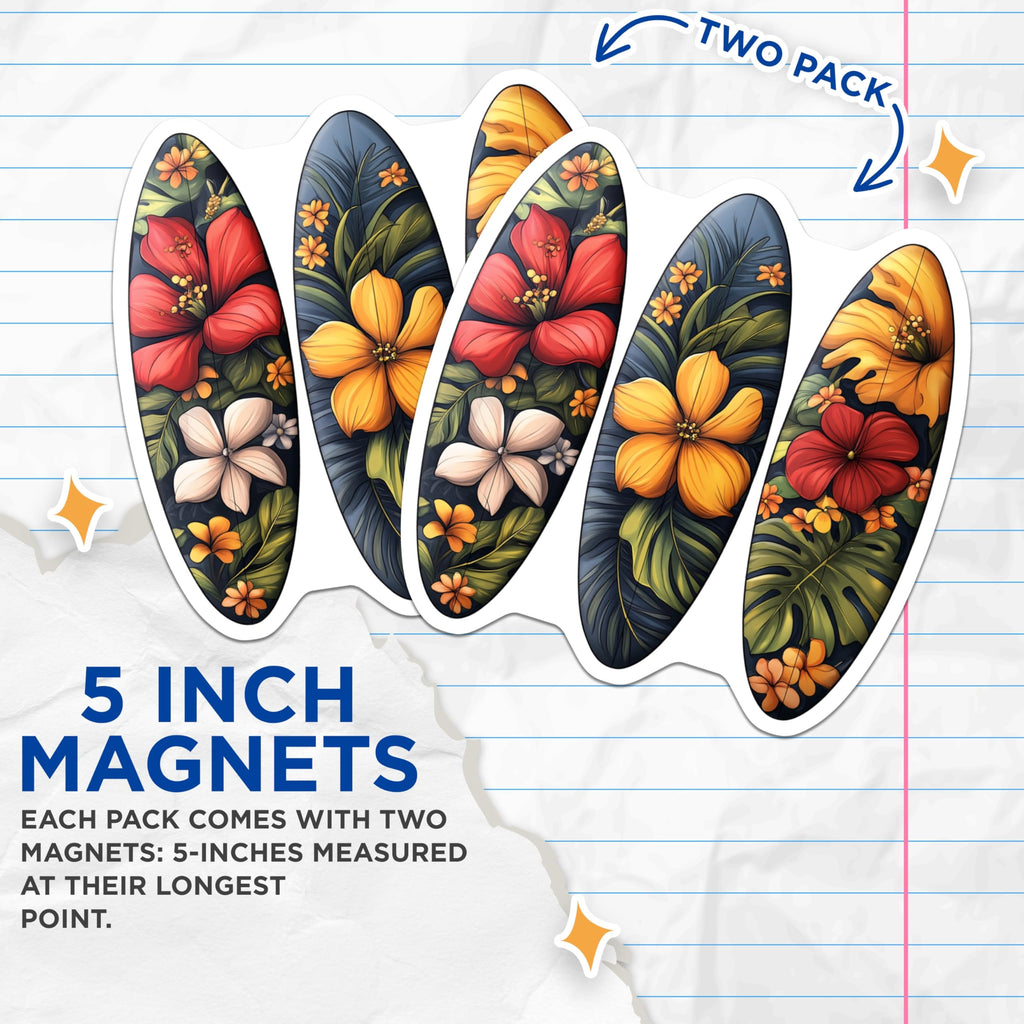 (2 Pack) Tropical Floral Surfboard Magnets - Hawaiian Flower Fridge Magnets - Summer Beach Decor Locker Magnets - 5 Inches On Longest Side - Thick Durable Magnet - Made in USA - MAG25448
