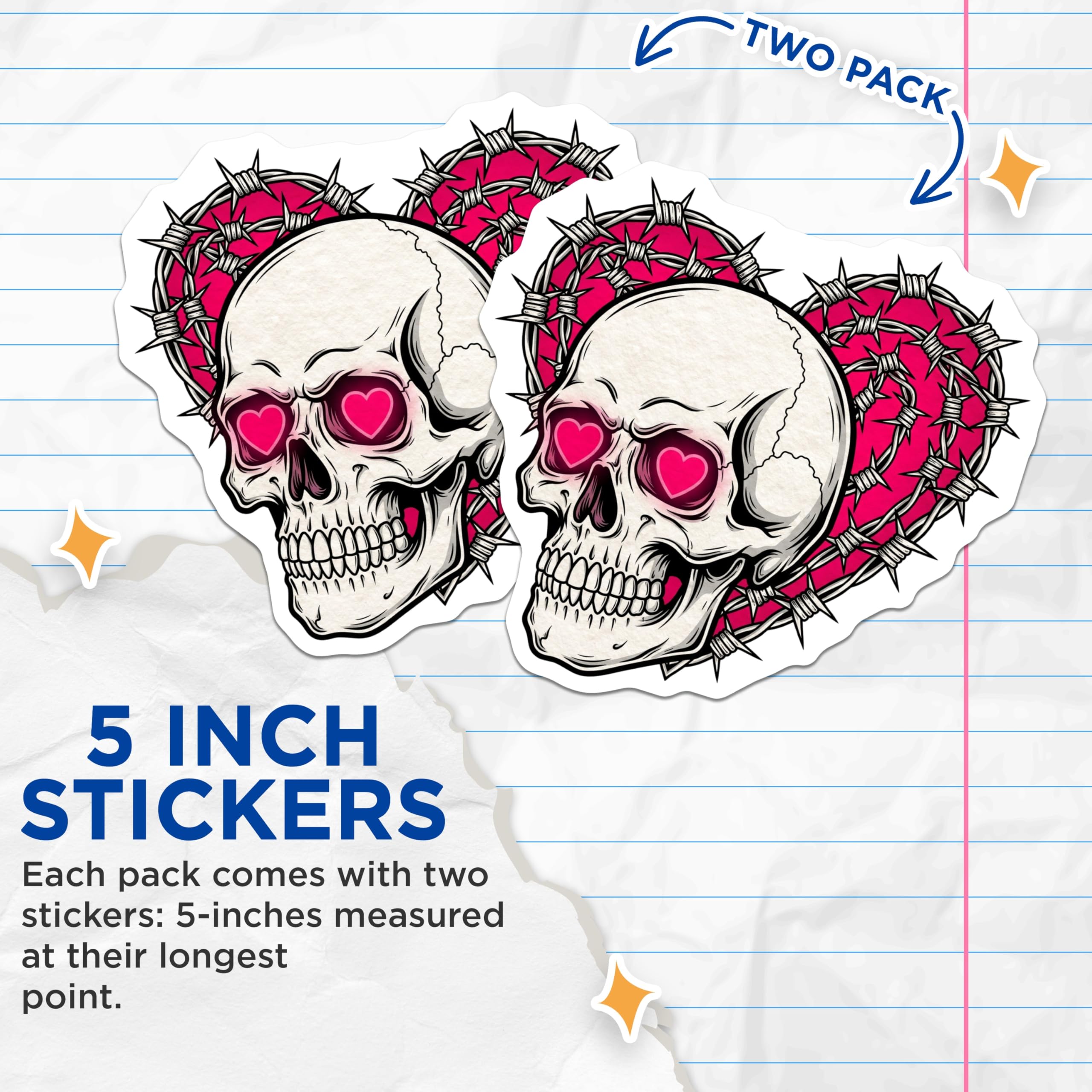 (2 Pack) Skull Heart Stickers - Barbed Wire Art - Gothic Stickers - 5" On Longest Side - Sticks to Smooth Flat Surfaces - Made in USA - BMCS15442