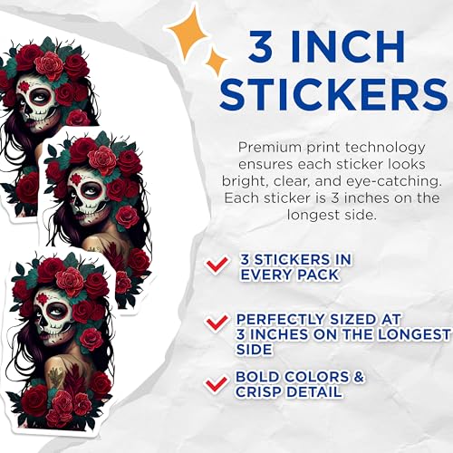 (3 Pack) Day of Dead Decals - Calavera Stickers - Sugar Skull Laptop Decals - 3 Inches On Longest Side - Easy Peel & Apply - Made in USA - 3MCS7965