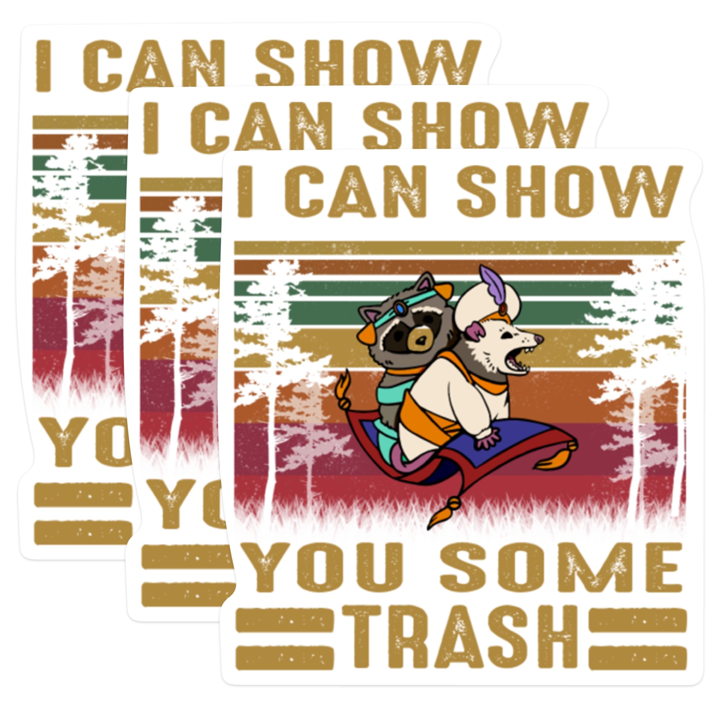 (3 Pack) Raccoon Opossum Decals - Trash Magic Carpet Sticker - Funny Laptop Decals - 3 Inches On Longest Side - Easy Peel & Apply - Made in USA - 3MCS0525