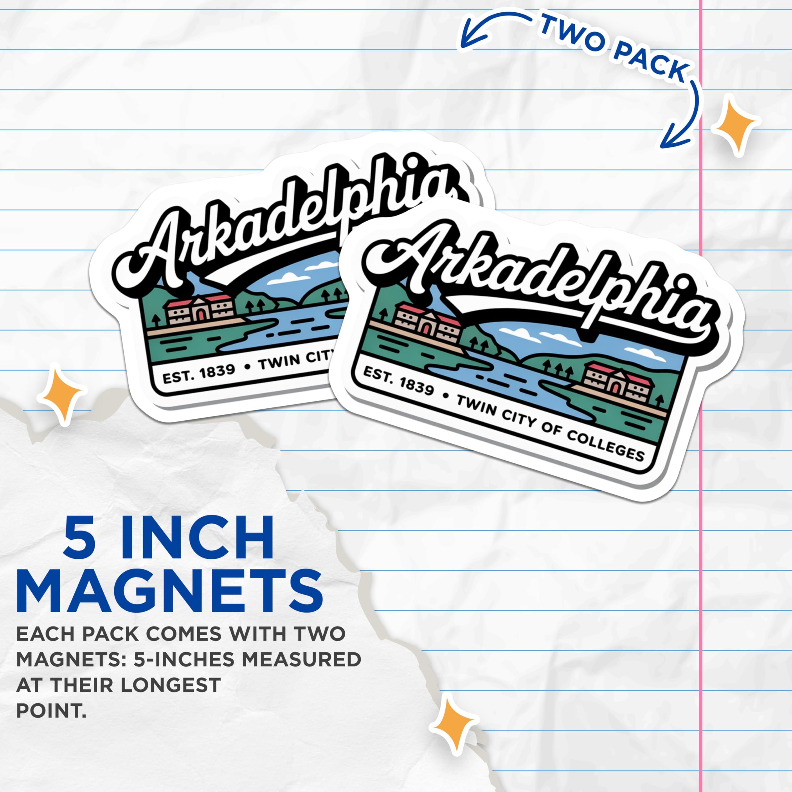 (2 Pack) Arkadelphia Arkansas Magnets - Twin City Colleges - Retro Souvenir Fridge Magnets - 5" On Longest Side - Premium Magnet - for Cars, Refrigerators, Toolboxes, Lockers - Made in USA - MAG18127