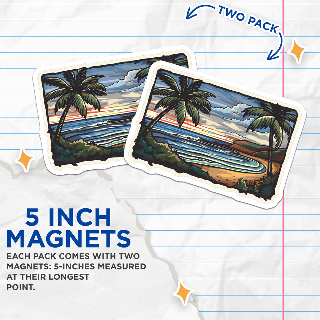 (2 Pack) Tropical Beach Magnets - Palm Tree Ocean Scene - Retro Travel Vacation Decor - 5 Inches On Longest Side - Thick Durable Magnet - Made in USA - MAG38446
