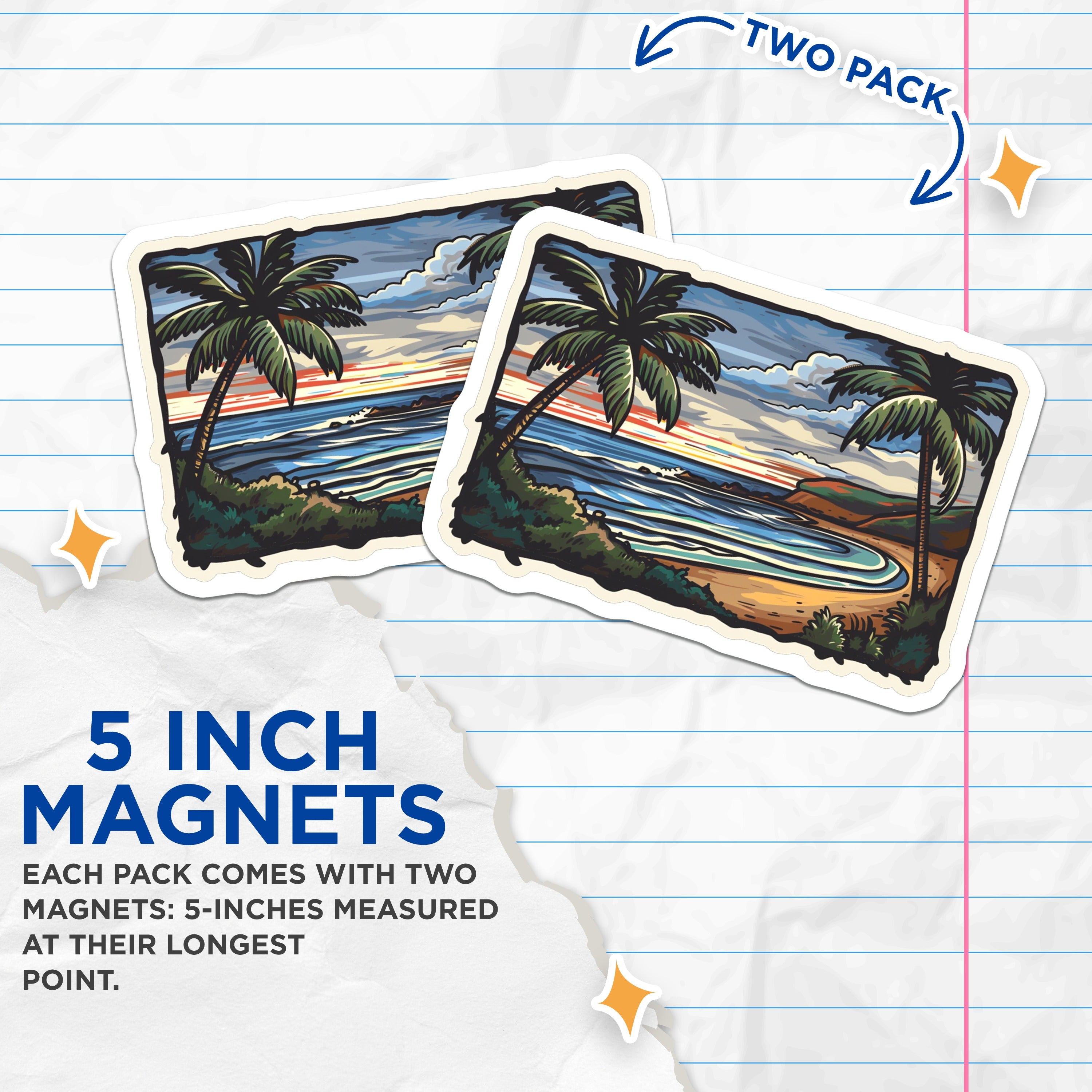 (2 Pack) Tropical Beach Magnets - Palm Tree Ocean Scene - Retro Travel Vacation Decor - 5 Inches On Longest Side - Thick Durable Magnet - Made in USA - MAG38446