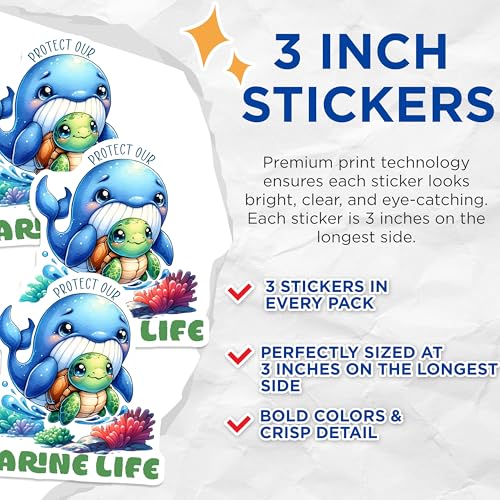 (3 Pack) Marine Life Decals - Turtle and Whale Sticker - Protect Ocean Decal - 3 Inches On Longest Side - Easy Peel & Apply - Made in USA - 3MCS6716