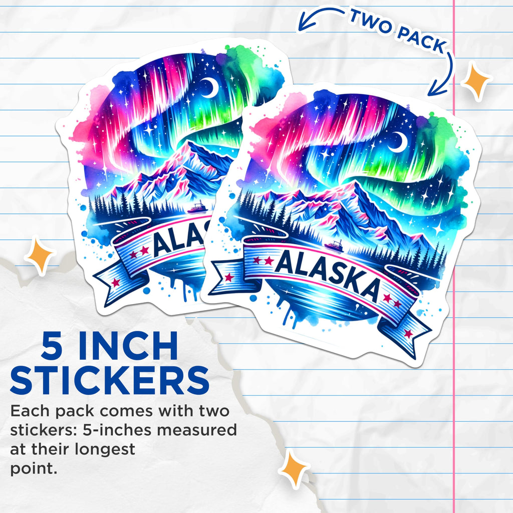 (2 Pack) Alaska Stickers - Northern Lights Design - Scenic Travel Decal - 5" On Longest Side - Sticks to Smooth Flat Surfaces - Made in USA - BMCS6448
