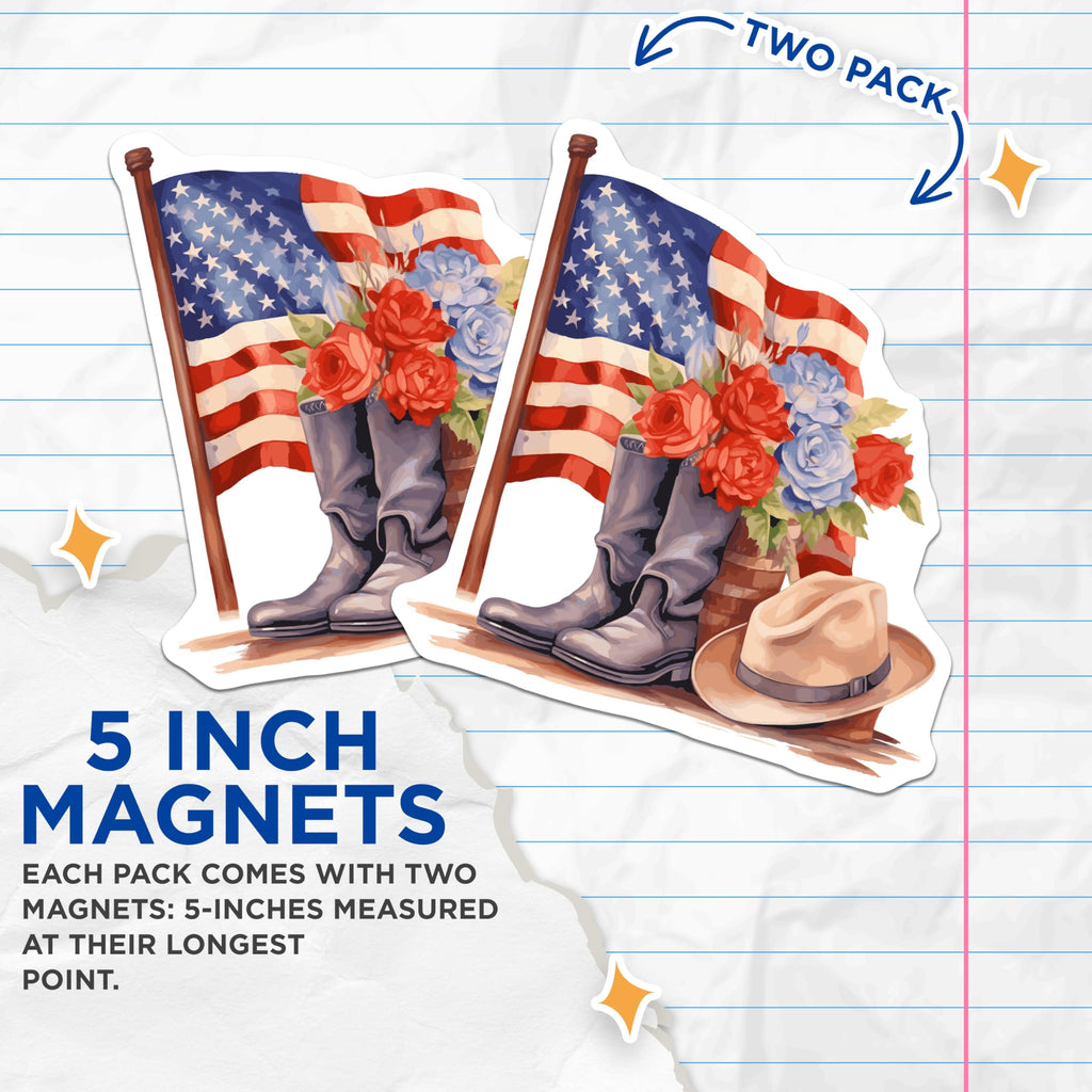 (2 Pack) American Flag Magnets - Patriotic Cowboy Boots Hat - USA Western Decor - Memorial Day July 4th - 5 Inches On Longest Side - Thick Durable Magnet - Made in USA - MAG22599