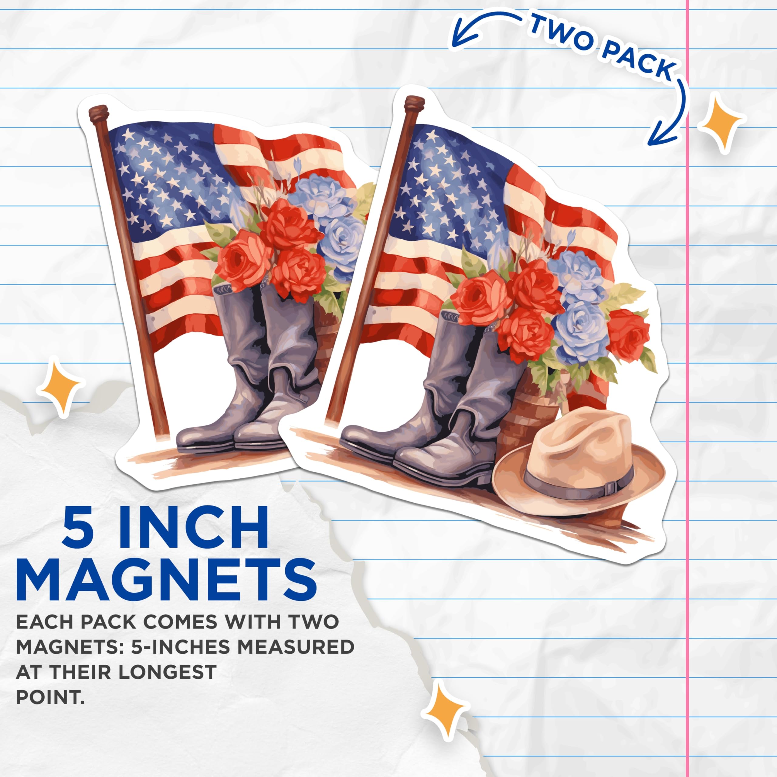 (2 Pack) American Flag Magnets - Patriotic Cowboy Boots Hat - USA Western Decor - Memorial Day July 4th - 5 Inches On Longest Side - Thick Durable Magnet - Made in USA - MAG22599