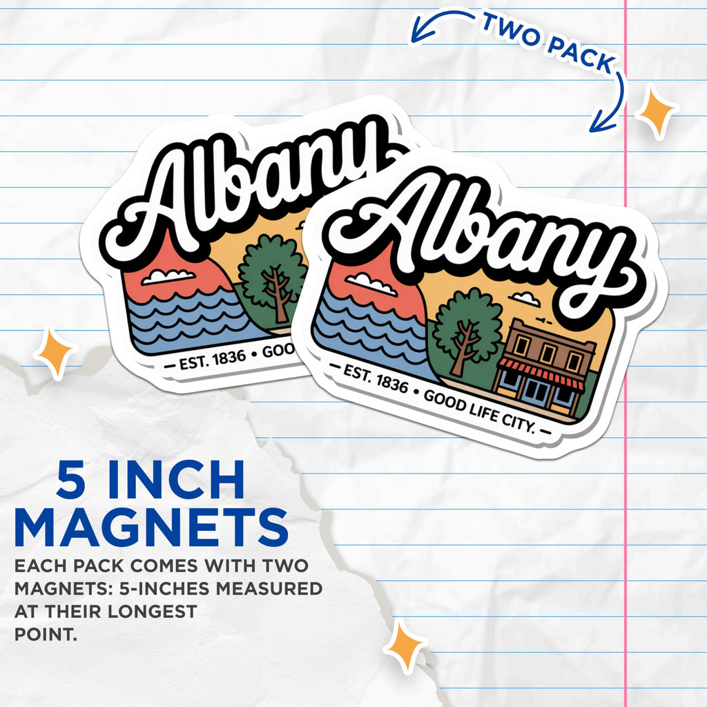 (2 Pack) Albany New York Magnets - Good Life City Decor - Albany NY Souvenir Fridge Magnets - 5" On Longest Side - Premium Magnet - for Cars, Refrigerators, Toolboxes, Lockers - Made in USA - MAG17518