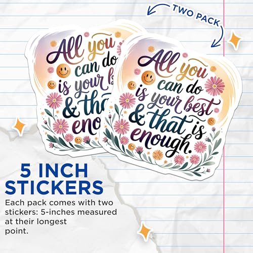 (2 Pack) Motivational Quote Stickers - Inspirational Decal - Uplifting Messages - Colorful Flower Design - 5" On Longest Side - Sticks to Smooth Flat Surfaces - Made in USA - BMCS9599
