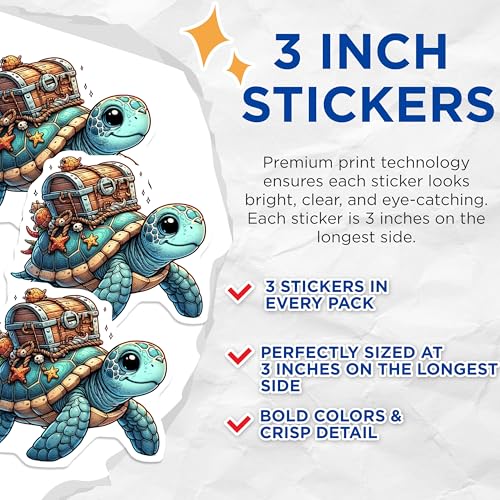 (3 Pack) Turtle Treasure Decals - Cute Cartoon Turtle - Laptop Decal Stickers - 3 Inches On Longest Side - Easy Peel & Apply - Made in USA - 3MCS0104