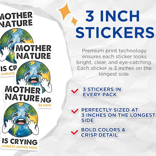 (3 Pack) Mother Nature Decals - Climate Justice - Crying Earth Decals - 3 Inches On Longest Side - Easy Peel & Apply - Made in USA - 3MCS6464