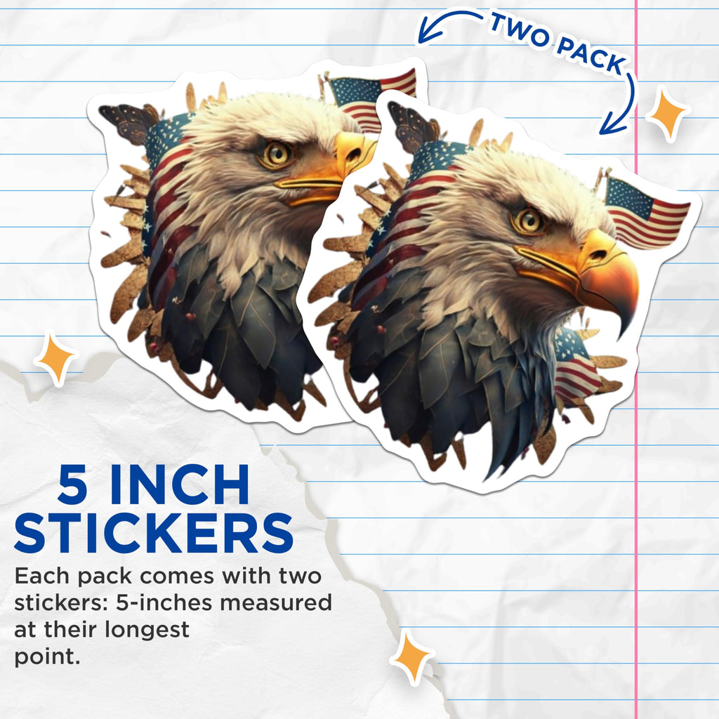 (2 Pack) American Eagle Stickers - Patriotic USA Flag - Bald Eagle Head Decal - 5" On Longest Side - Sticks to Smooth Flat Surfaces - Made in USA - BMCS21950