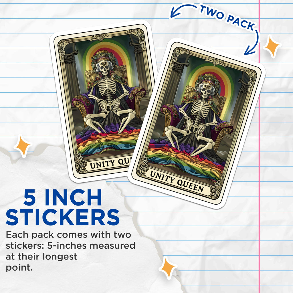 (2 Pack) Unity Queen Skull Stickers - Rainbow Skeleton Throne Stickers - Unique Tarot Card Stickers for Laptop - 5" On Longest Side - Sticks to Smooth Flat Surfaces - Made in USA - BMCS4529