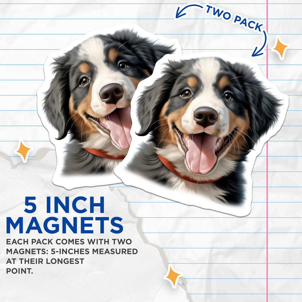(2 Pack) Bernese Mountain Dog Puppy Magnets - Happy Dog Face Decor - Pet Lover Refrigerator Art - 5 Inches On Longest Side - Thick Durable Magnet - Made in USA - MAG23252