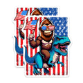 (2 Pack) Bigfoot T Rex Magnets - Funny Sasquatch American Flag Dinosaur Ride - Patriotic Cryptid USA Independence Day Decor - 5 Inches On Longest Side - Thick Durable Magnet - Made in USA - MAG20509