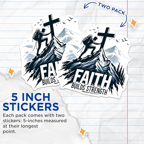 (2 Pack) Faith Builds Strength Stickers - Inspirational Mountain Climbing - Motivational Quote Adventure - 5" On Longest Side - Sticks to Smooth Flat Surfaces - Made in USA - BMCS9645