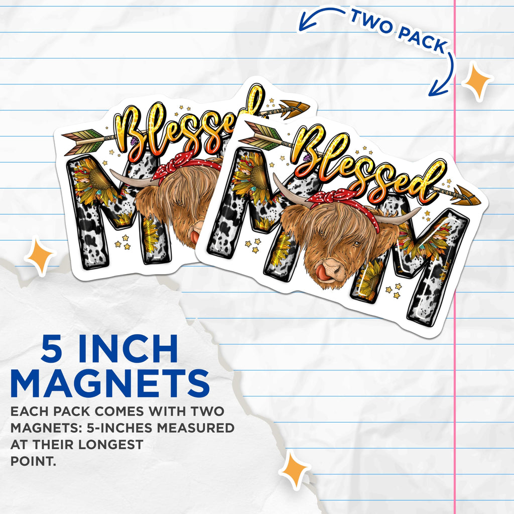 (2 Pack) Blessed Mom Magnets - Highland Cow Sunflower Decor - Farmhouse Country Kitchen Refrigerator - 5 Inches On Longest Side - Thick Durable Magnet - Made in USA - MAG28391