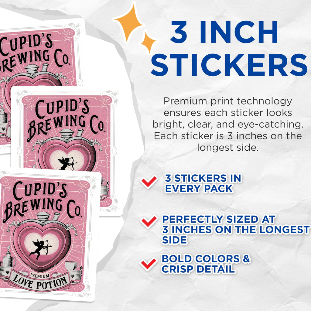 (3 Pack) Cupid Brewing Decals - Love Potion - Valentine's Day Gift - 3 Inches On Longest Side - Easy Peel & Apply - Made in USA - 3MCS2187