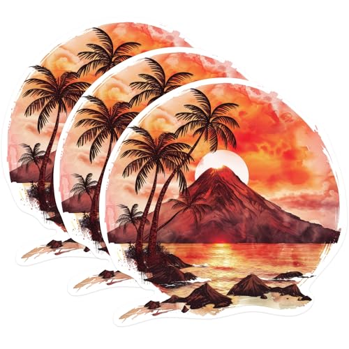 (3 Pack) Volcano Sunset Decals - Tropical Island Stickers - Laptop Decals - 3 Inches On Longest Side - Easy Peel & Apply - Made in USA - 3MCS0609