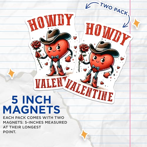 (2 Pack) Howdy Valentine Magnets - Cute Heart Character Magnets - Valentine's Day Cowboy Magnets - 5" On Longest Side - for Cars, Refrigerators, Toolboxes, Lockers - Made in USA BMCS3139