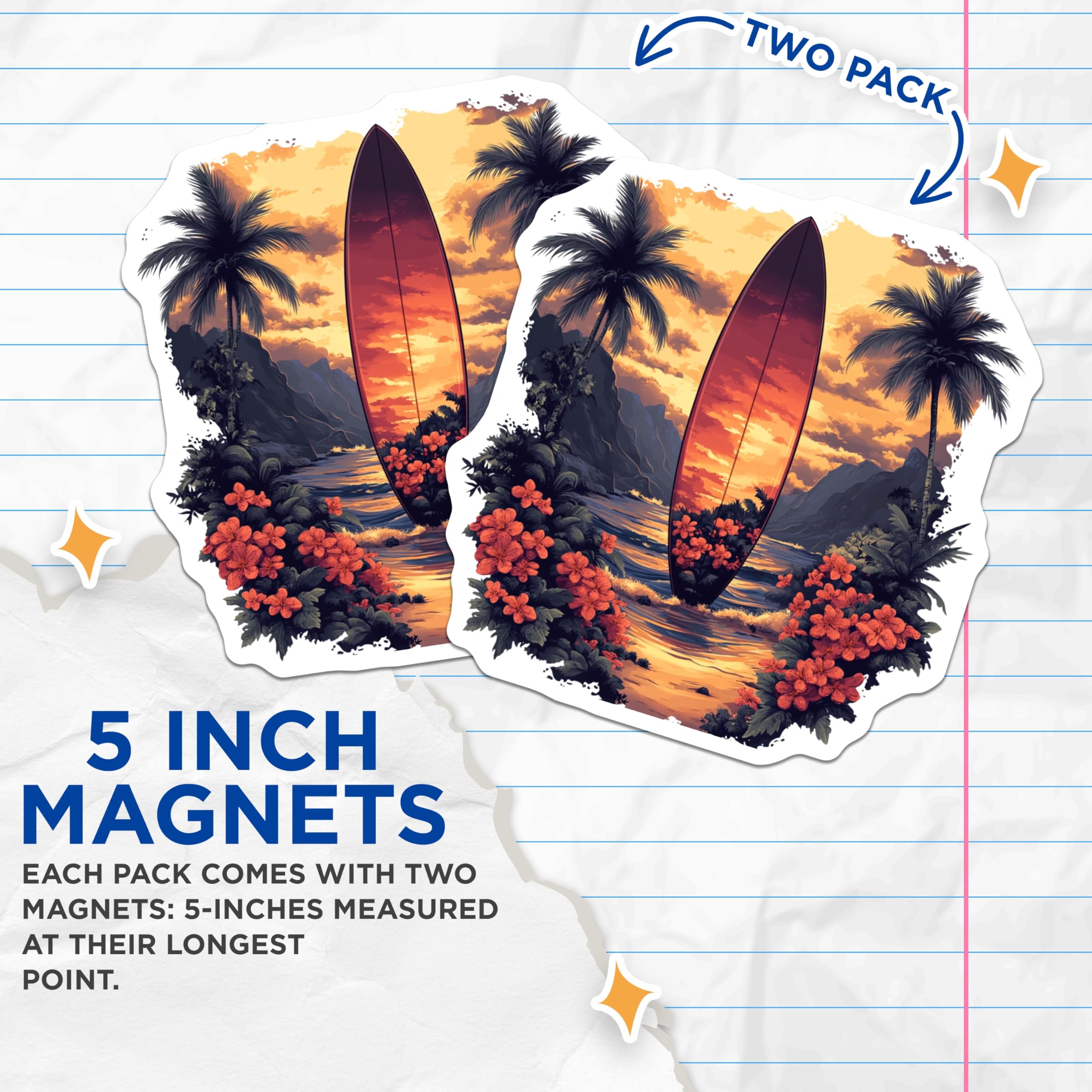 (2 Pack) Tropical Surfboard Magnets - Beach Sunset Scene - Ocean Lover Decor - Hawaiian Paradise Artwork - 5 Inches On Longest Side - Thick Durable Magnet - Made in USA - MAG28664