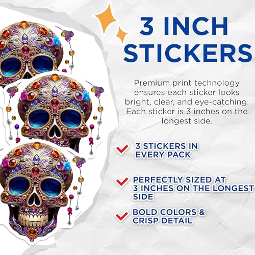 (3 Pack) Jeweled Skull Decals - Sugar Skull Sticker - Day of The Dead Laptop Decal - 3 Inches On Longest Side - Easy Peel & Apply - Made in USA - 3MCS7368