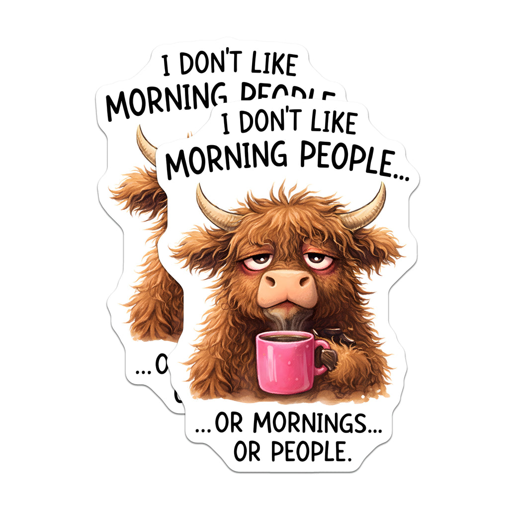 (2 Pack) Grumpy Highland Cow Magnets - Not Morning Person Funny - Sarcastic Coffee Lover Humorous Decor Accent - 5 Inches On Longest Side - Thick Durable Magnet - Made in USA - MAG39830