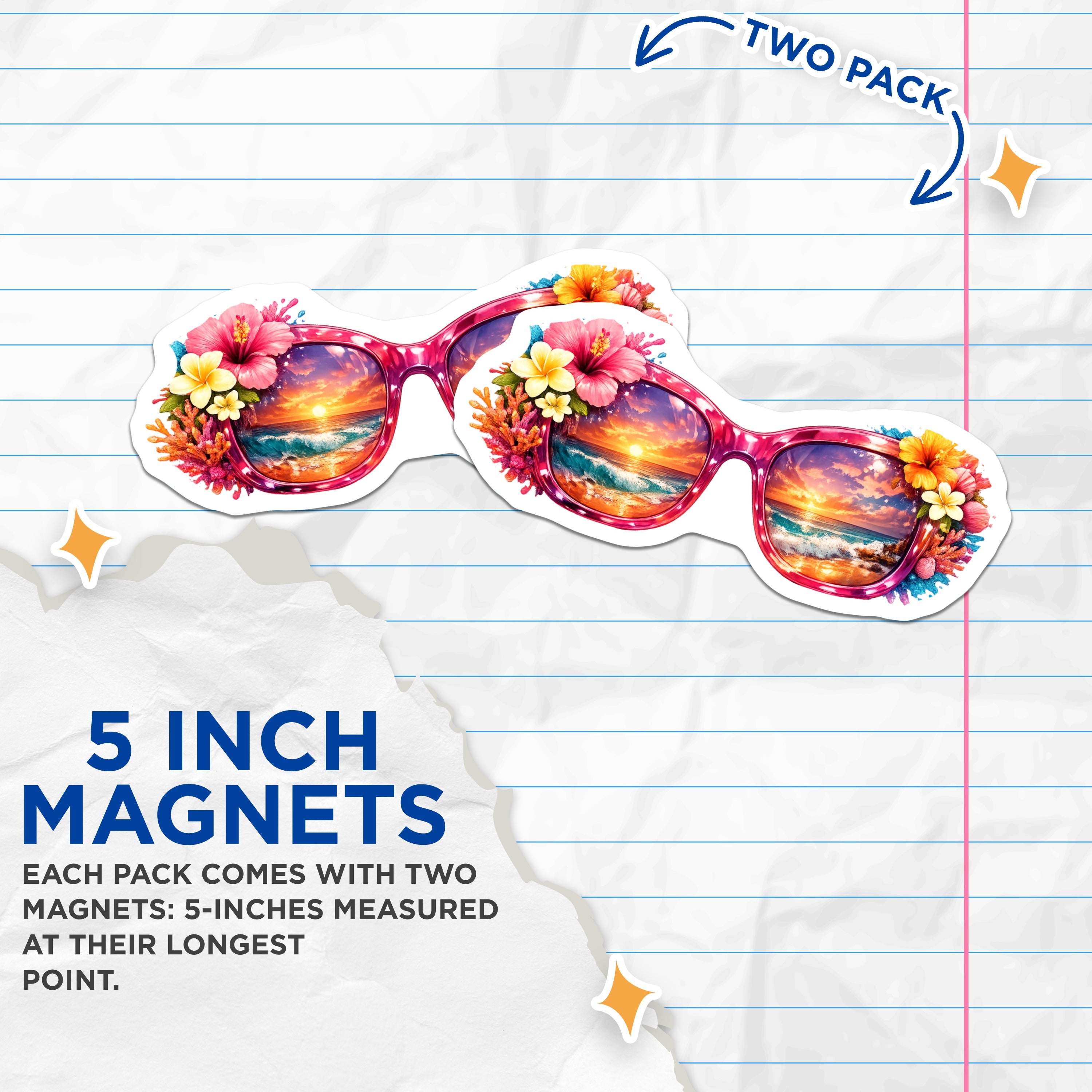 (2 Pack) Tropical Sunset Beach Magnets - Hawaii Vacation Decor - Floral Sunglasses Summer Fridge Magnets - 5 Inches On Longest Side - Thick Durable Magnet - Made in USA - MAG37586