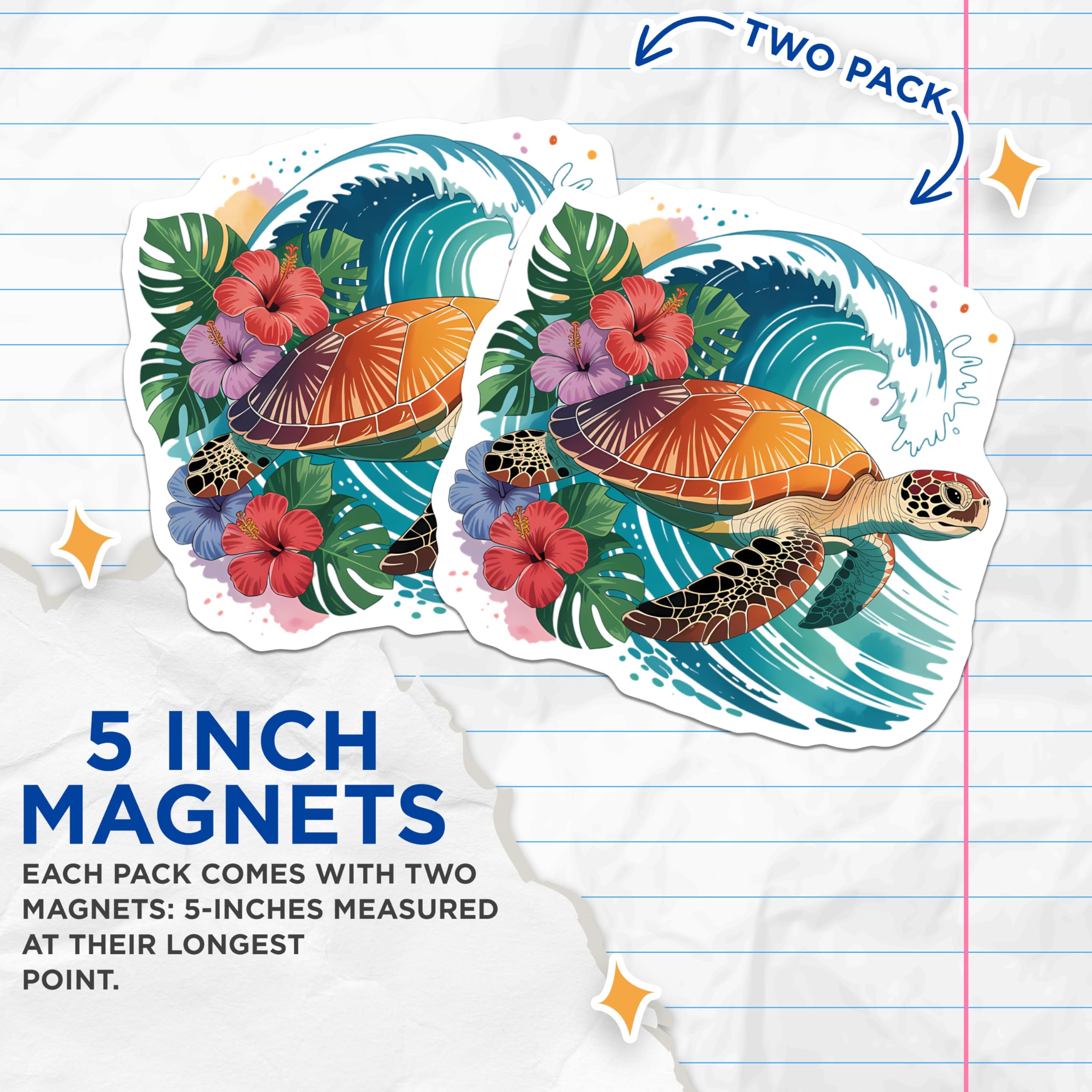 (2 Pack) Sea Turtle Magnets - Vibrant Tropical Hibiscus Flowers - Majestic Ocean Wave Creature Decor - 5 Inches On Longest Side - Thick Durable Magnet - Made in USA - MAG21515