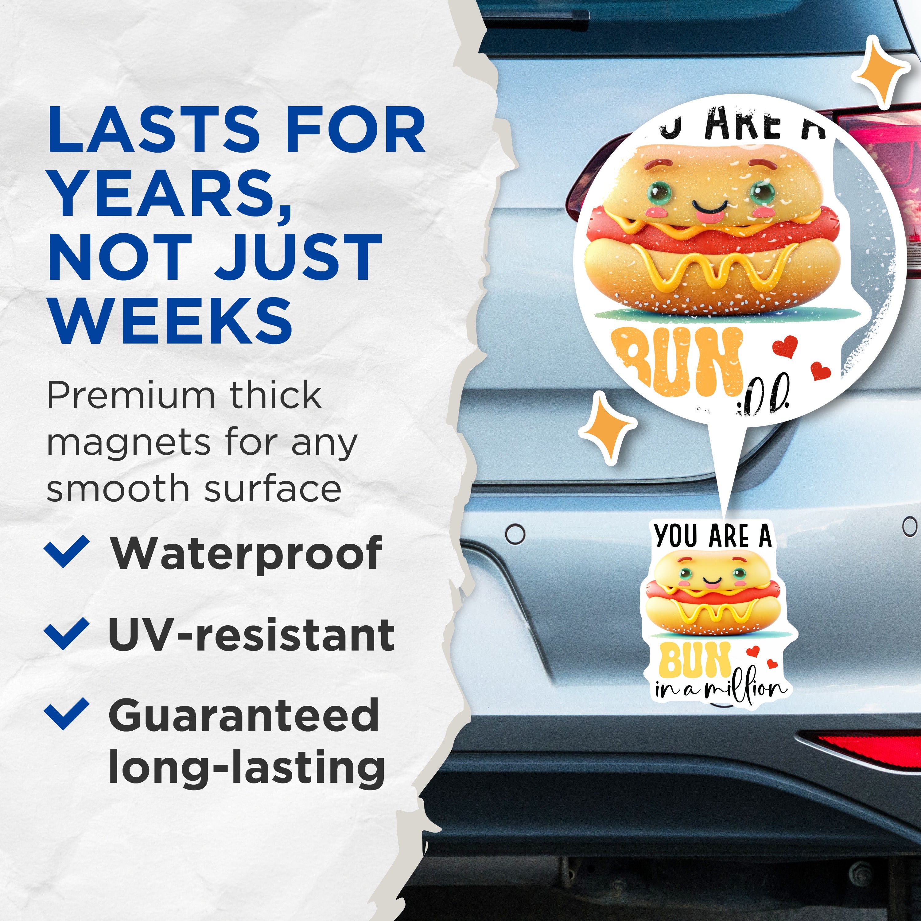 (2 Pack) Bun in a Million Magnets - Cute Hot Dog Pun - Funny Foodie Refrigerator Decor - 5 Inches On Longest Side - Thick Durable Magnet - Made in USA - MAG37069
