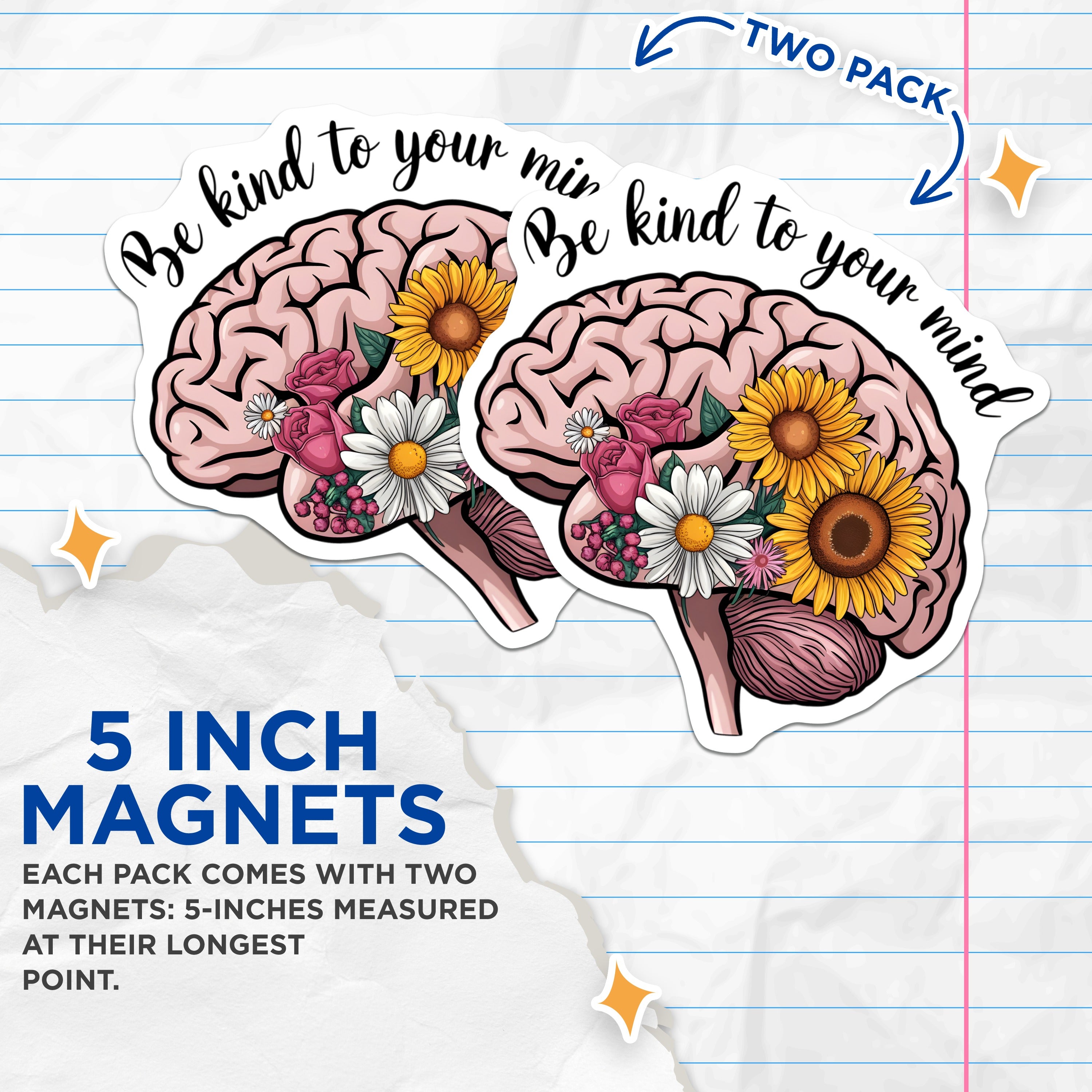 (2 Pack) Be Kind to Your Mind Magnets - Mental Health Awareness - Self Care Reminder - Floral Brain Art - 5 Inches On Longest Side - Thick Durable Magnet - Made in USA - MAG37953