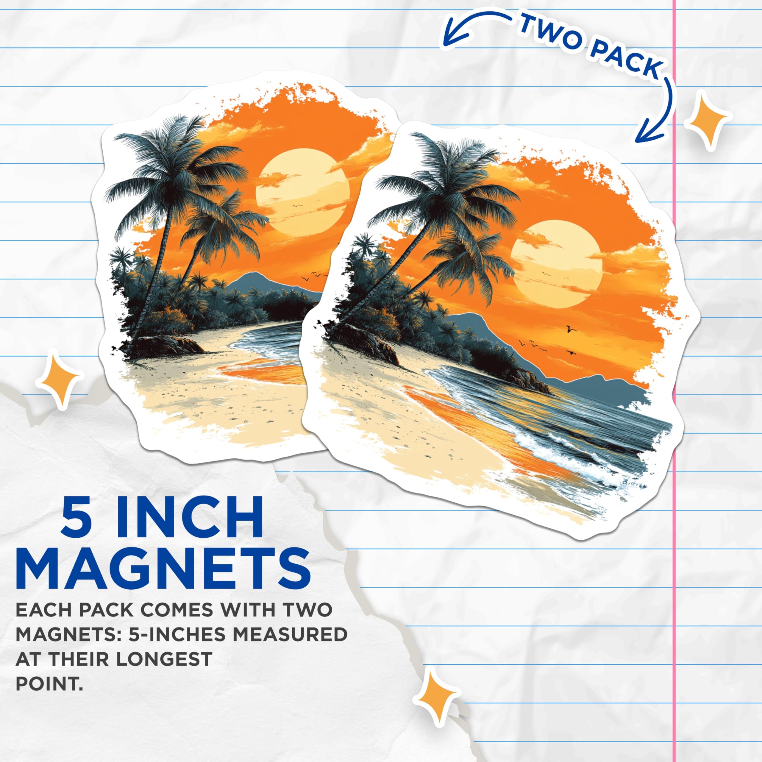(2 Pack) Tropical Beach Magnets - Vibrant Sunset Palm Tree - Ocean Coastal Vacation Decor - 5 Inches On Longest Side - Thick Durable Magnet - Made in USA - MAG24558