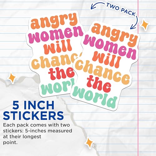 (2 Pack) Motivational Feminist Stickers - Angry Women Will Change The World - Colorful Inspirational Decals - 5" On Longest Side - Sticks to Smooth Flat Surfaces - Made in USA - BMCS8345