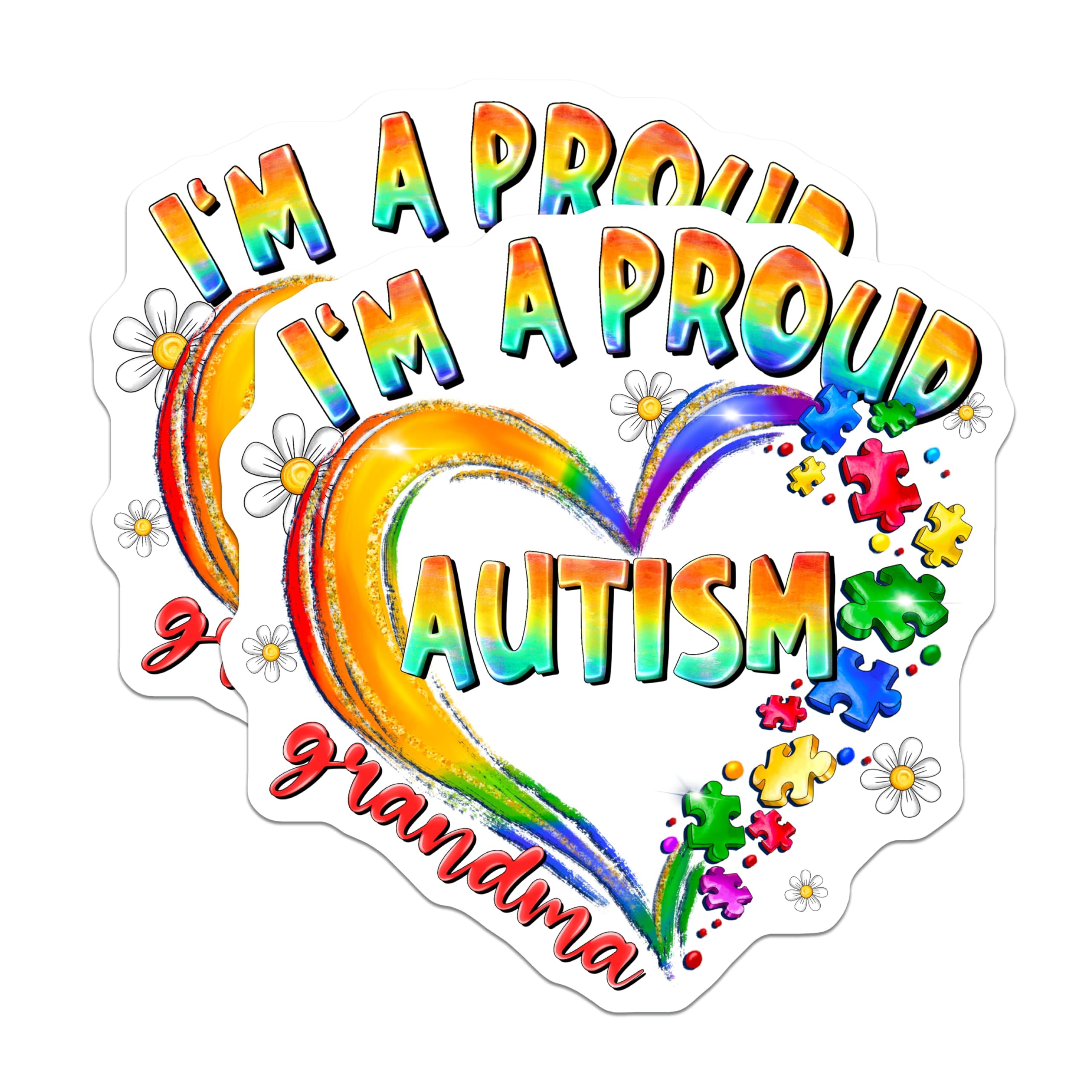 (2 Pack) Proud Autism Grandma Magnets - Autism Awareness Support - Rainbow Heart Grandparent Refrigerator Decor - 5 Inches On Longest Side - Thick Durable Magnet - Made in USA - MAG29508