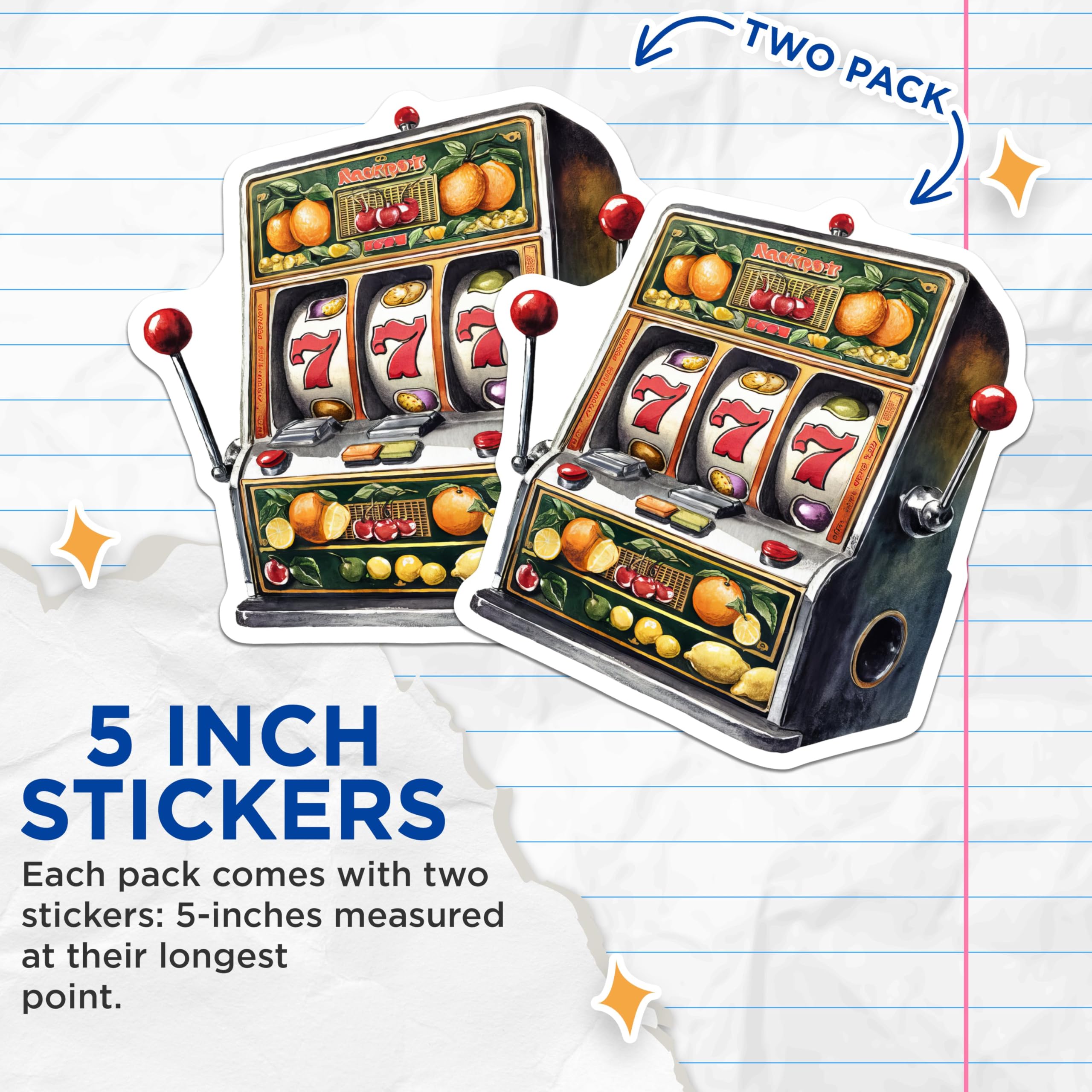 (2 Pack) Retro Slot Machine Stickers - Vintage Casino - Lucky Slot 777-5" On Longest Side - Sticks to Smooth Flat Surfaces - Made in USA - BMCS6526