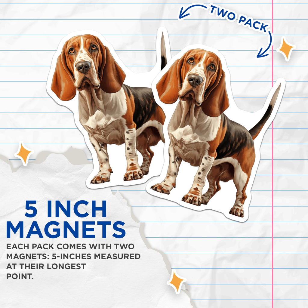 (2 Pack) Basset Hound Magnets - Dog Lover Decor - Refrigerator Animal Art - 5 Inches On Longest Side - Thick Durable Magnet - Made in USA - MAG24208
