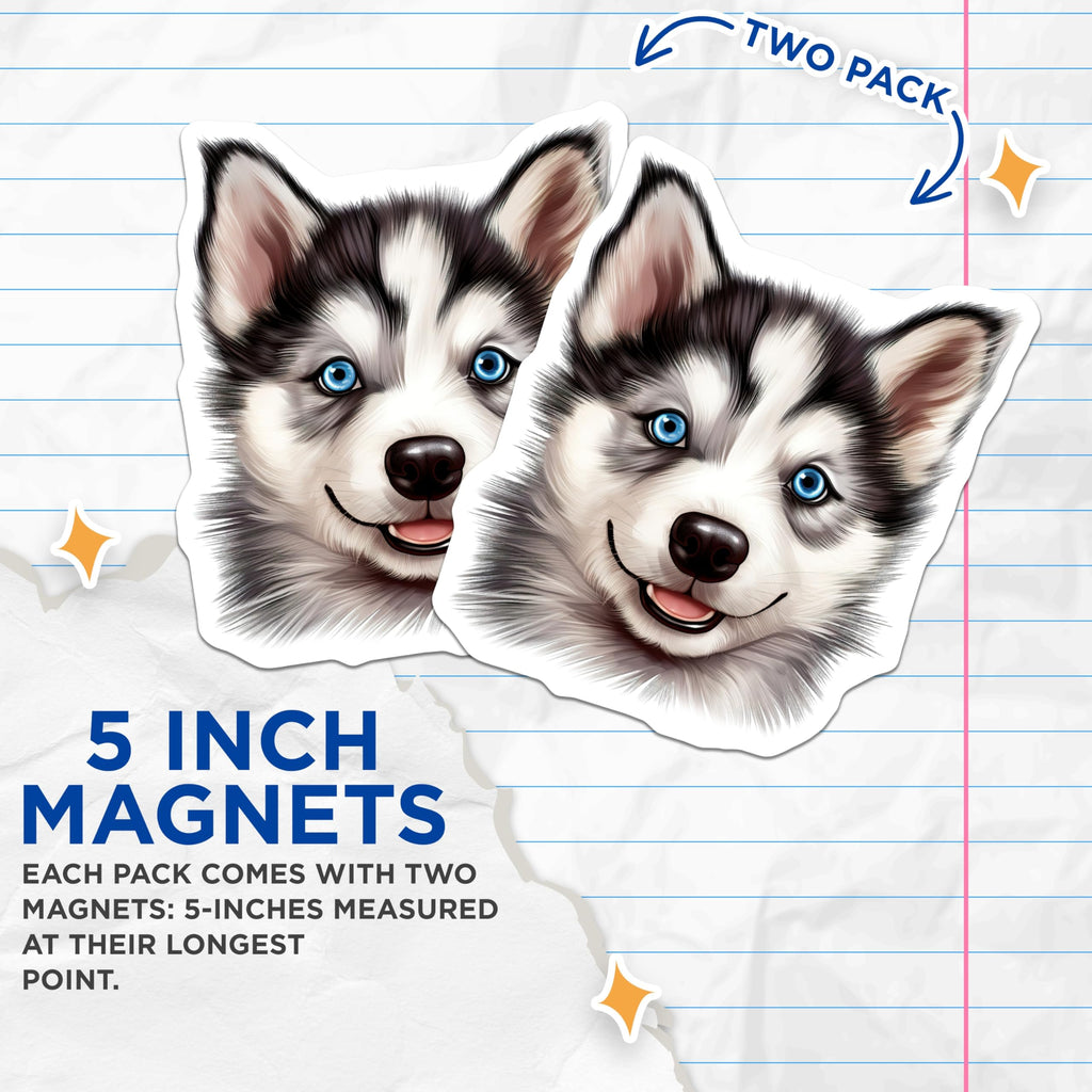 (2 Pack) Smiling Husky Puppy Magnets - Blue Eyed Dog Decor - Adorable Siberian Canine Art - 5 Inches On Longest Side - Thick Durable Magnet - Made in USA - MAG24317
