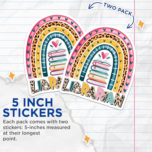 (2 Pack) Librarian Stickers - Rainbow Book Stickers - School Librarian Decor - 5" On Longest Side - Sticks to Smooth Flat Surfaces - Made in USA - BMCS3726