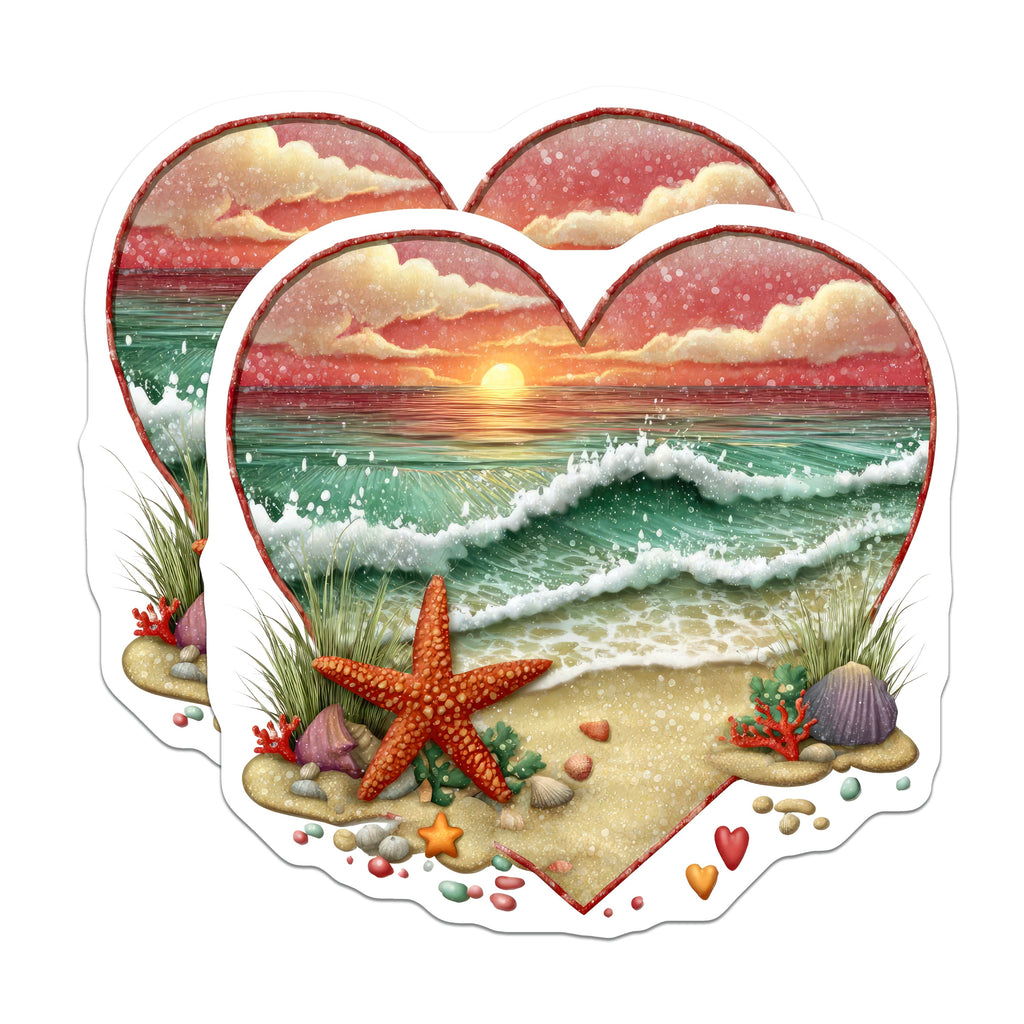(2 Pack) Beach Sunset Magnets - Coastal Ocean Starfish Heart - Tropical Fridge Decor Seashells - 5 Inches On Longest Side - Thick Durable Magnet - Made in USA - MAG39665