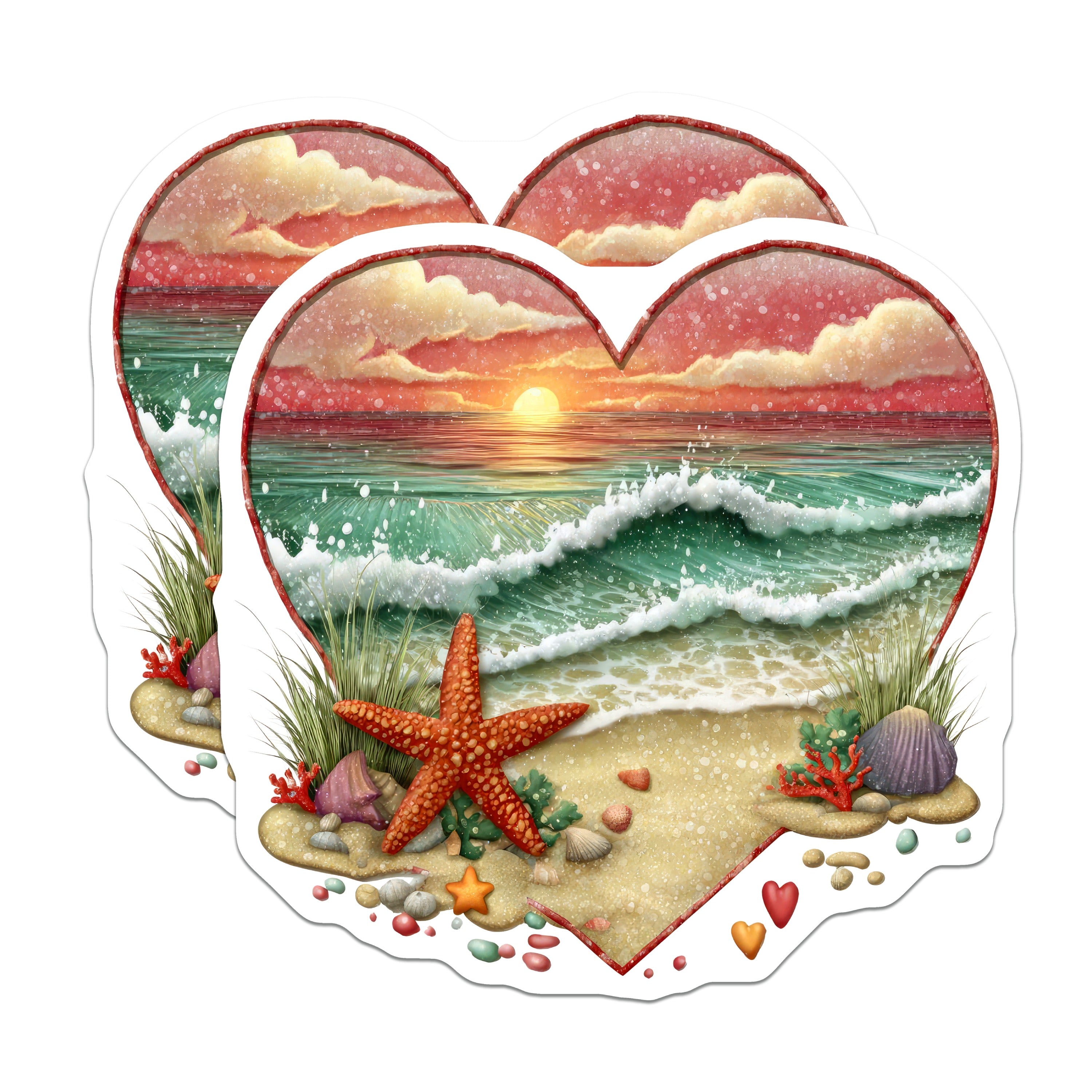 (2 Pack) Beach Sunset Magnets - Coastal Ocean Starfish Heart - Tropical Fridge Decor Seashells - 5 Inches On Longest Side - Thick Durable Magnet - Made in USA - MAG39665
