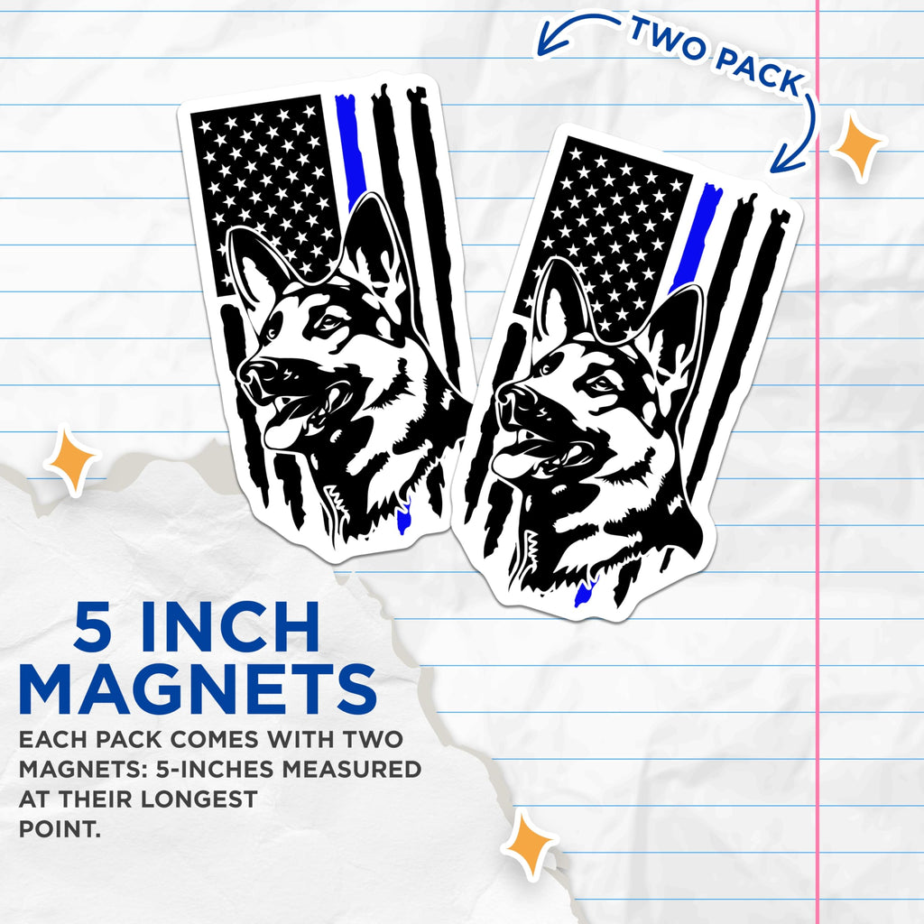 (2 Pack) German Shepherd Magnets - Thin Blue Line Flag - K9 Police Support Decor - 5 Inches On Longest Side - Thick Durable Magnet - Made in USA - MAG22122