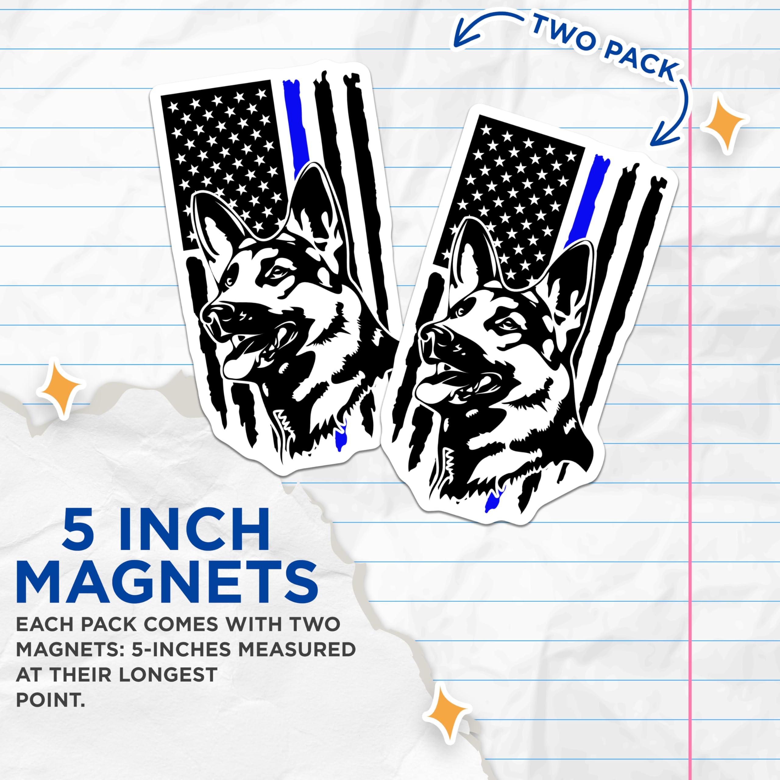 (2 Pack) German Shepherd Magnets - Thin Blue Line Flag - K9 Police Support Decor - 5 Inches On Longest Side - Thick Durable Magnet - Made in USA - MAG22122