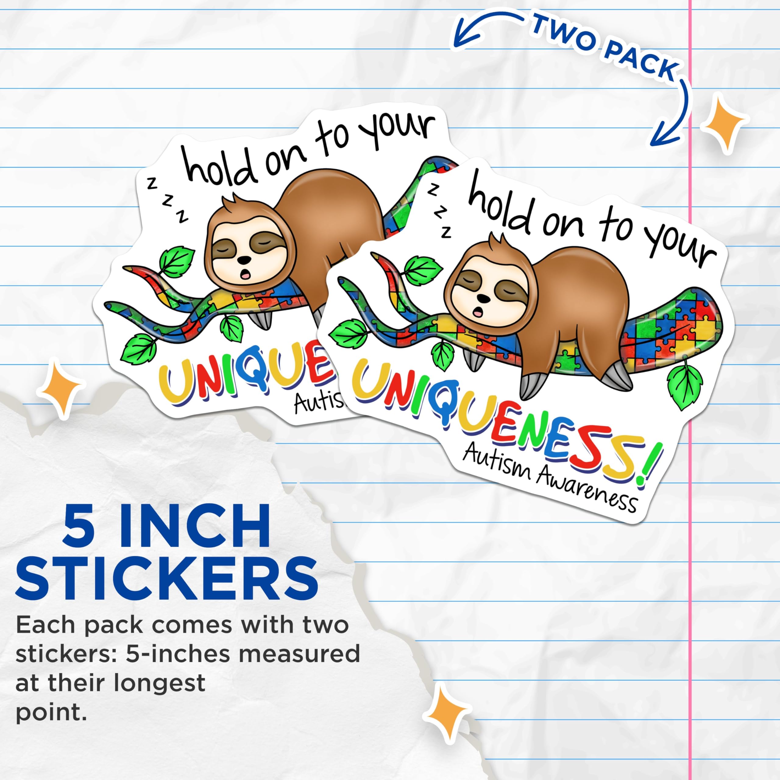 (2 Pack) Autism Awareness Stickers - Hold on to Your Uniqueness - Sloth Puzzle Piece - 5" On Longest Side - Sticks to Smooth Flat Surfaces - Made in USA - BMCS9216 - Inspirational Decal