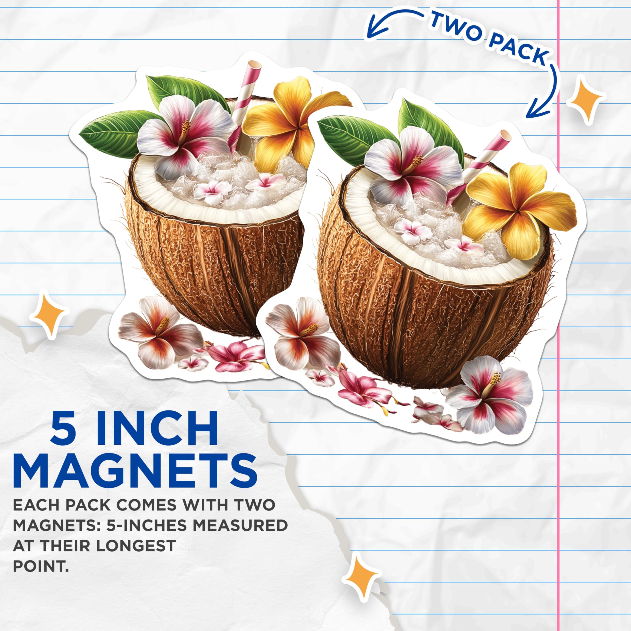 (2 Pack) Tropical Drink Magnets - Coconut Cocktail Art - Hawaiian Hibiscus Decor - Summer Kitchen Fridge Accessory - 5 Inches On Longest Side - Thick Durable Magnet - Made in USA - MAG19503