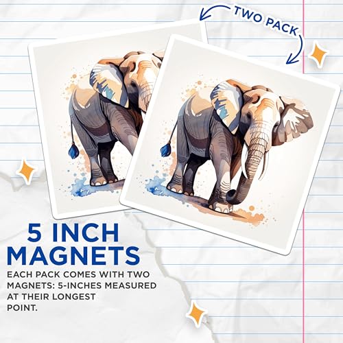 (2 Pack) Elephant Lover Magnets Magnets - Hand Drawn Elephant Art - Animal Lover Decor - 5" On Longest Side - Made in USA - Sticks to Refrigerators & Metal Surfaces - MAG8682