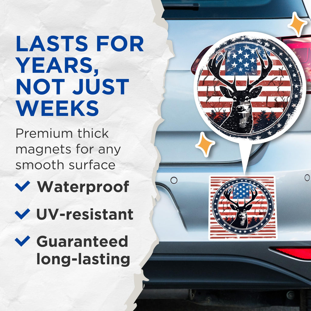 (2 Pack) Patriotic Deer Magnets - American Flag Buck Decor - Hunting Cabin Fridge Accessories - 5 Inches On Longest Side - Thick Durable Magnet - Made in USA - MAG19652