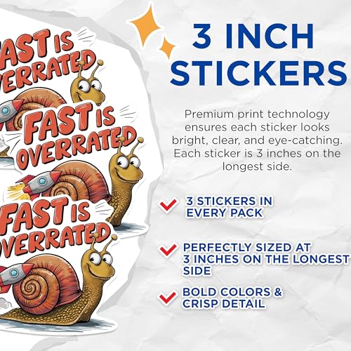 (3 Pack) Fast is Overrated Decals - Funny Snail Decal - Rocket Snail Laptop Decals - 3 Inches On Longest Side - Easy Peel & Apply - Made in USA - 3MCS0916